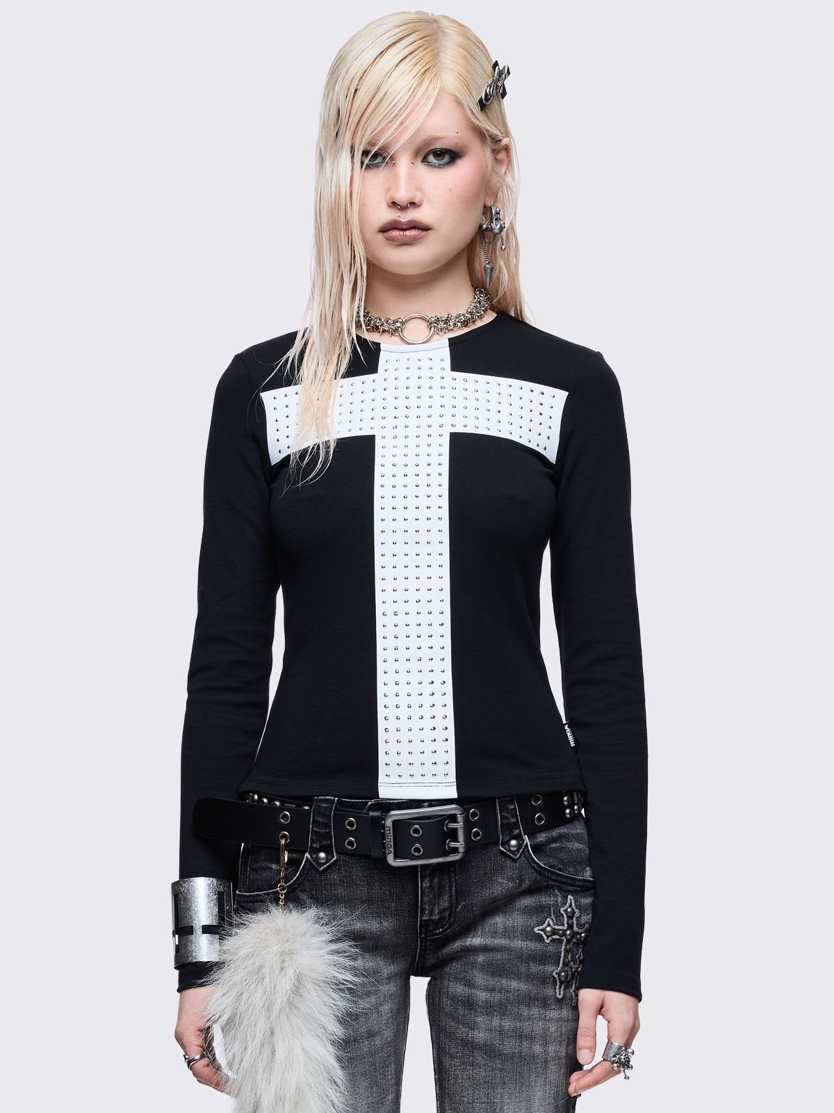Black long sleeve top with white chunky cross with silver studs