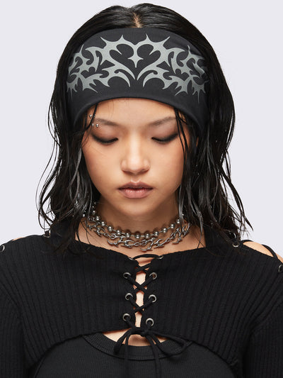 Black headband with cyber sigilism heart tattoo print.