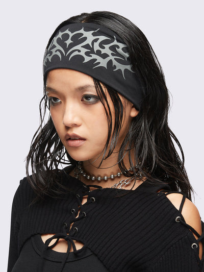 Black headband with cyber sigilism heart tattoo print.