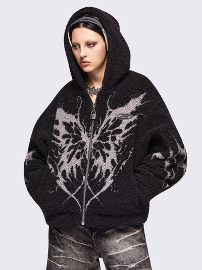 Black fleece hoodie jacket featuring a grey dark butterfly sigil design.