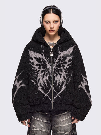Black fleece hoodie jacket featuring a grey dark butterfly sigil design.