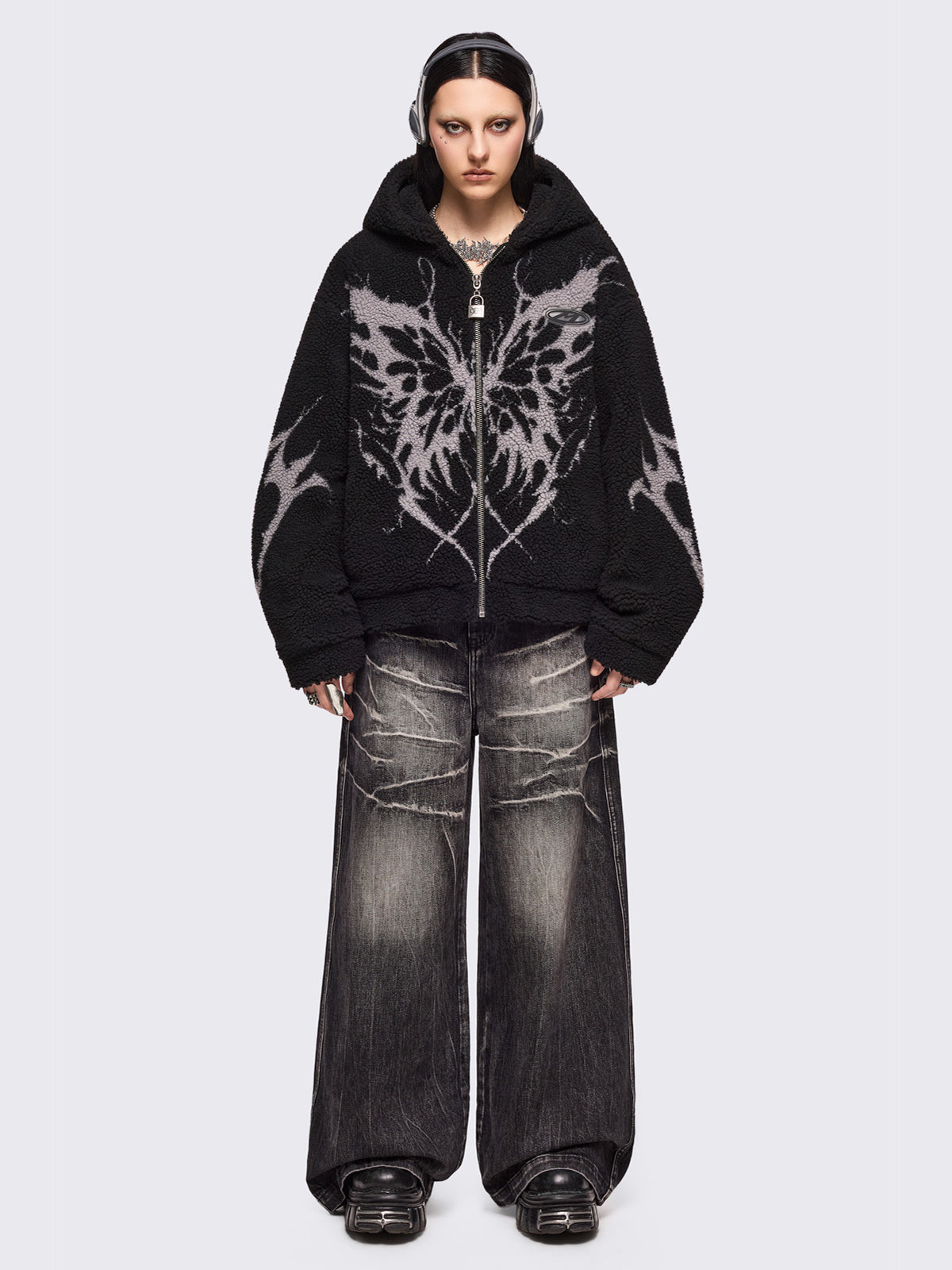Black fleece hoodie jacket featuring a grey dark butterfly sigil design.