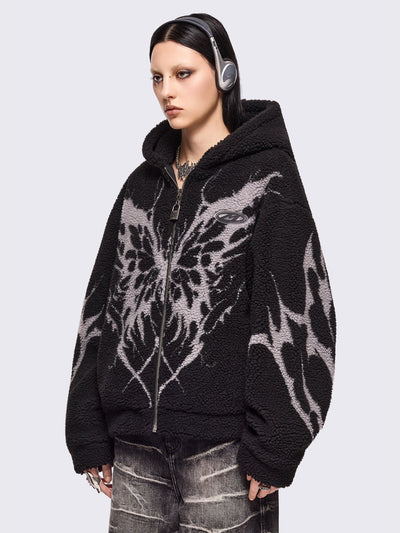 Black fleece hoodie jacket featuring a grey dark butterfly sigil design.
