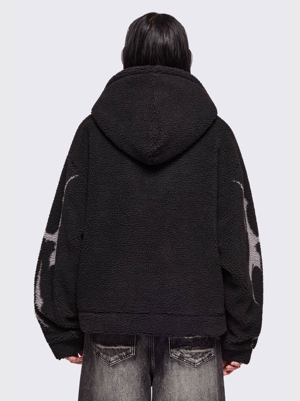 Black fleece hoodie jacket featuring a grey dark butterfly sigil design.
