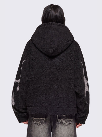 Black fleece hoodie jacket featuring a grey dark butterfly sigil design.