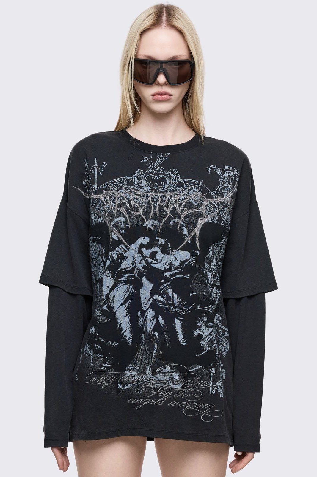 Black layered long sleeve oversized t-shirt witg goth angel graphic print.