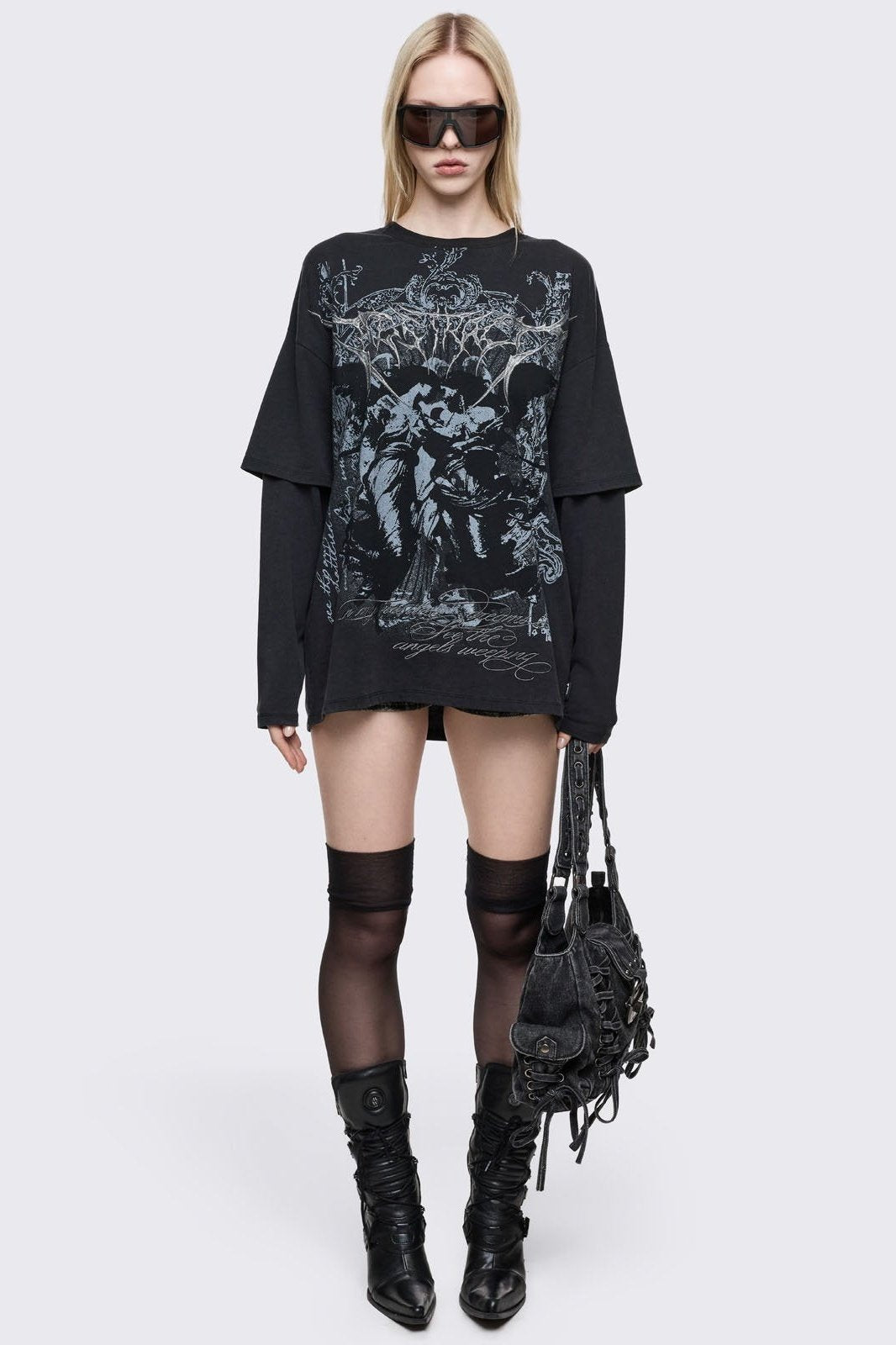 Black Layered Oversized T-Shirt with Goth Graphic | Minga London