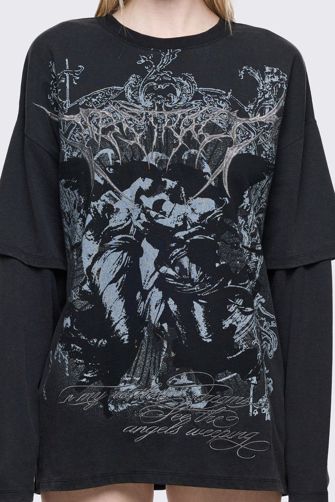 Black Layered Oversized T-Shirt with Goth Graphic | Minga London