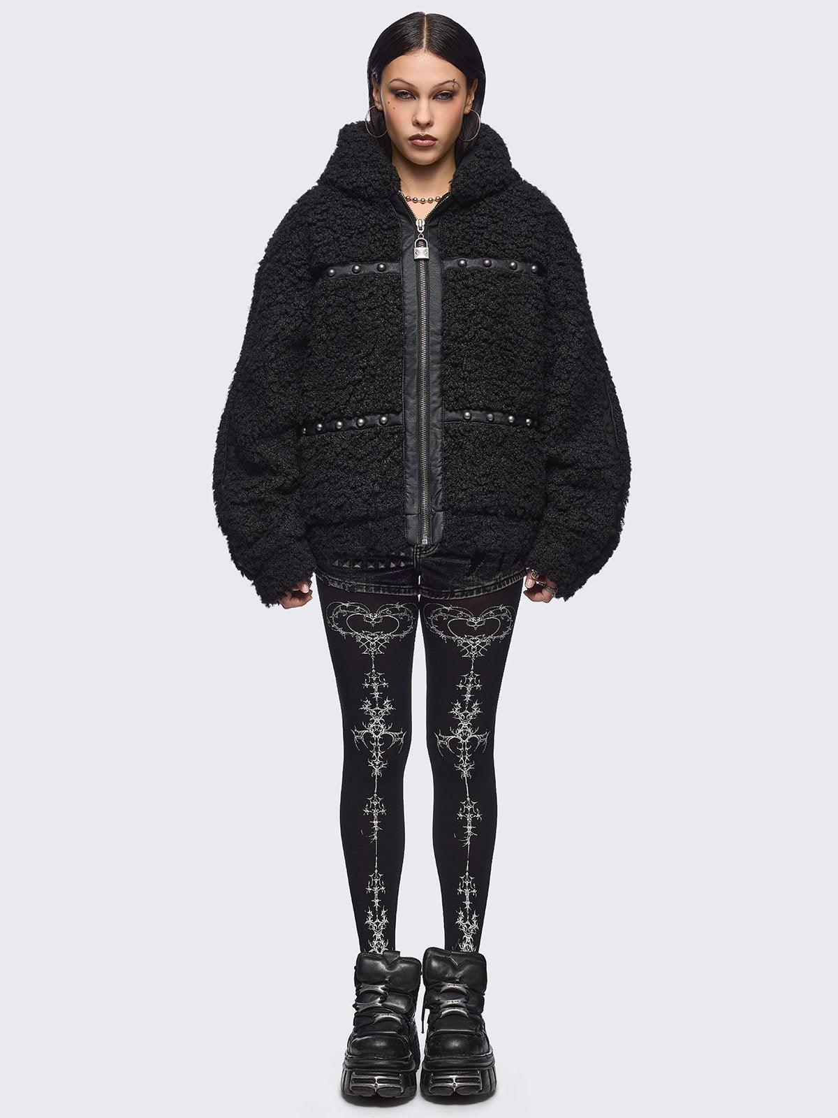 Black opaque tights with white sigilism print.