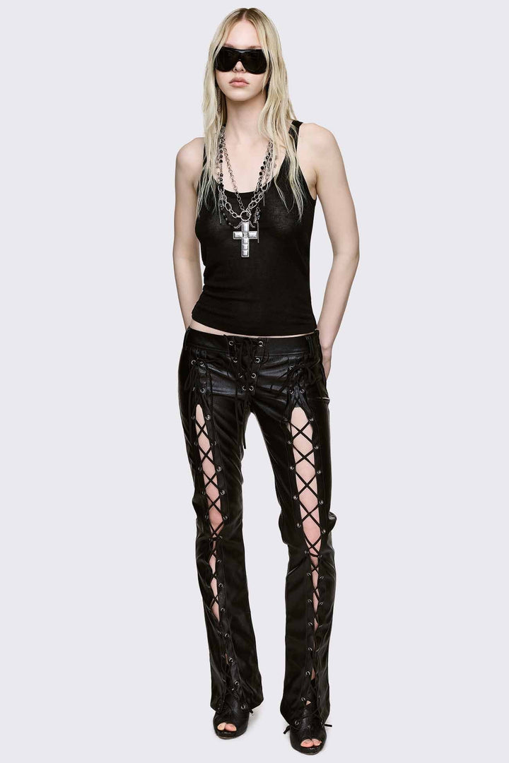 Black Faux Leather Lace-Up Pants | Minga London