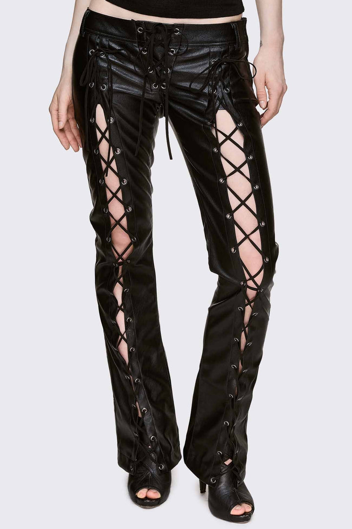 Black Faux Leather Lace-Up Pants | Minga London