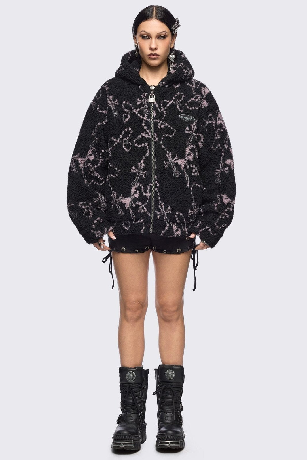 Black Borg Fleece Jacket with Pink Cross Design | Minga London