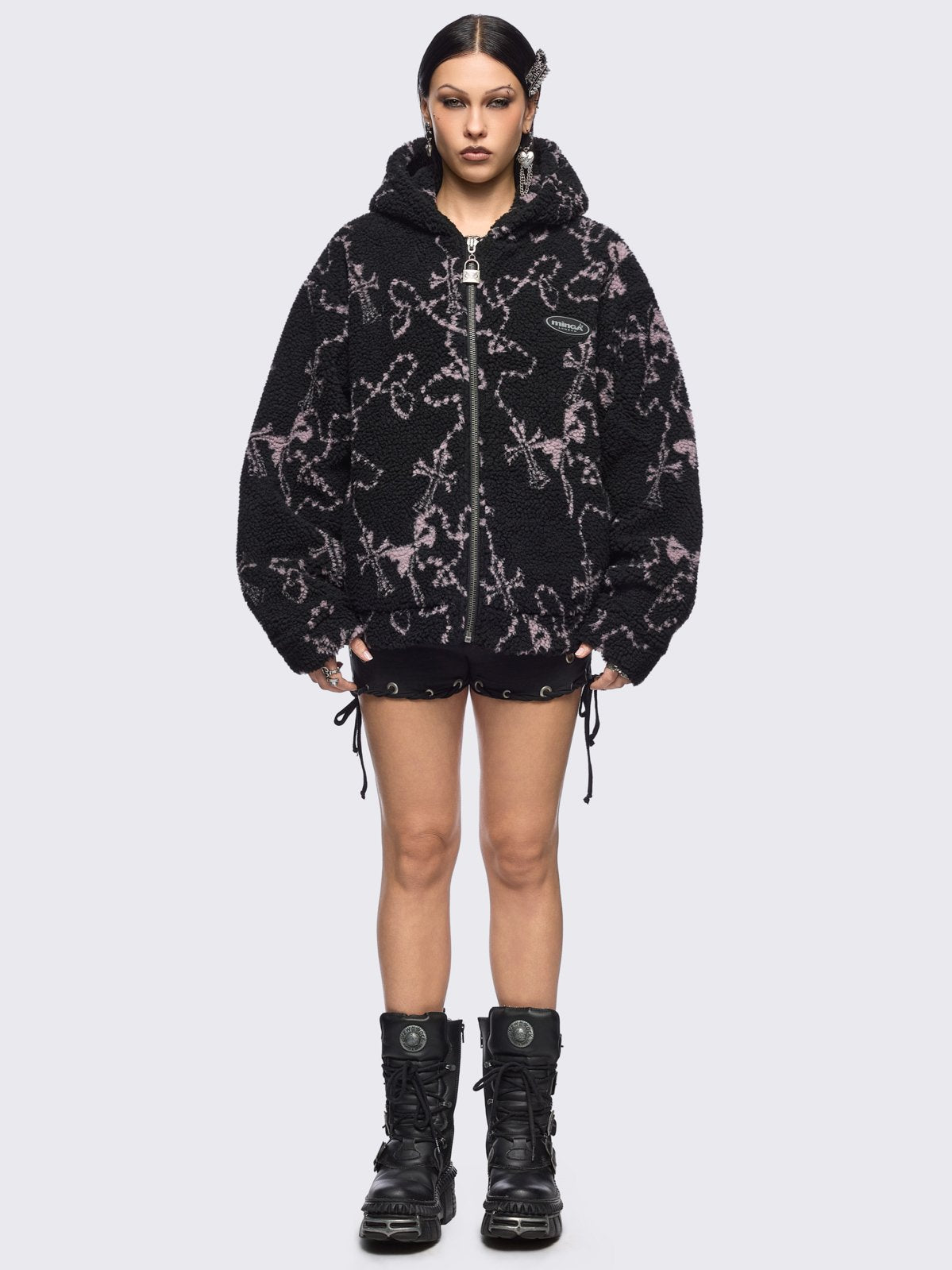 Black fleece borg hoodie jacket featuring all over pink rosary designs.
