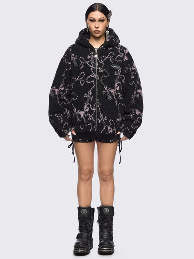 Black fleece borg hoodie jacket featuring all over pink rosary designs.