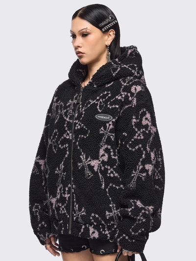 Black fleece borg hoodie jacket featuring all over pink rosary designs.