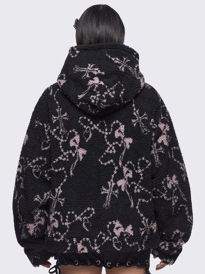 Black fleece borg hoodie jacket featuring all over pink rosary designs.