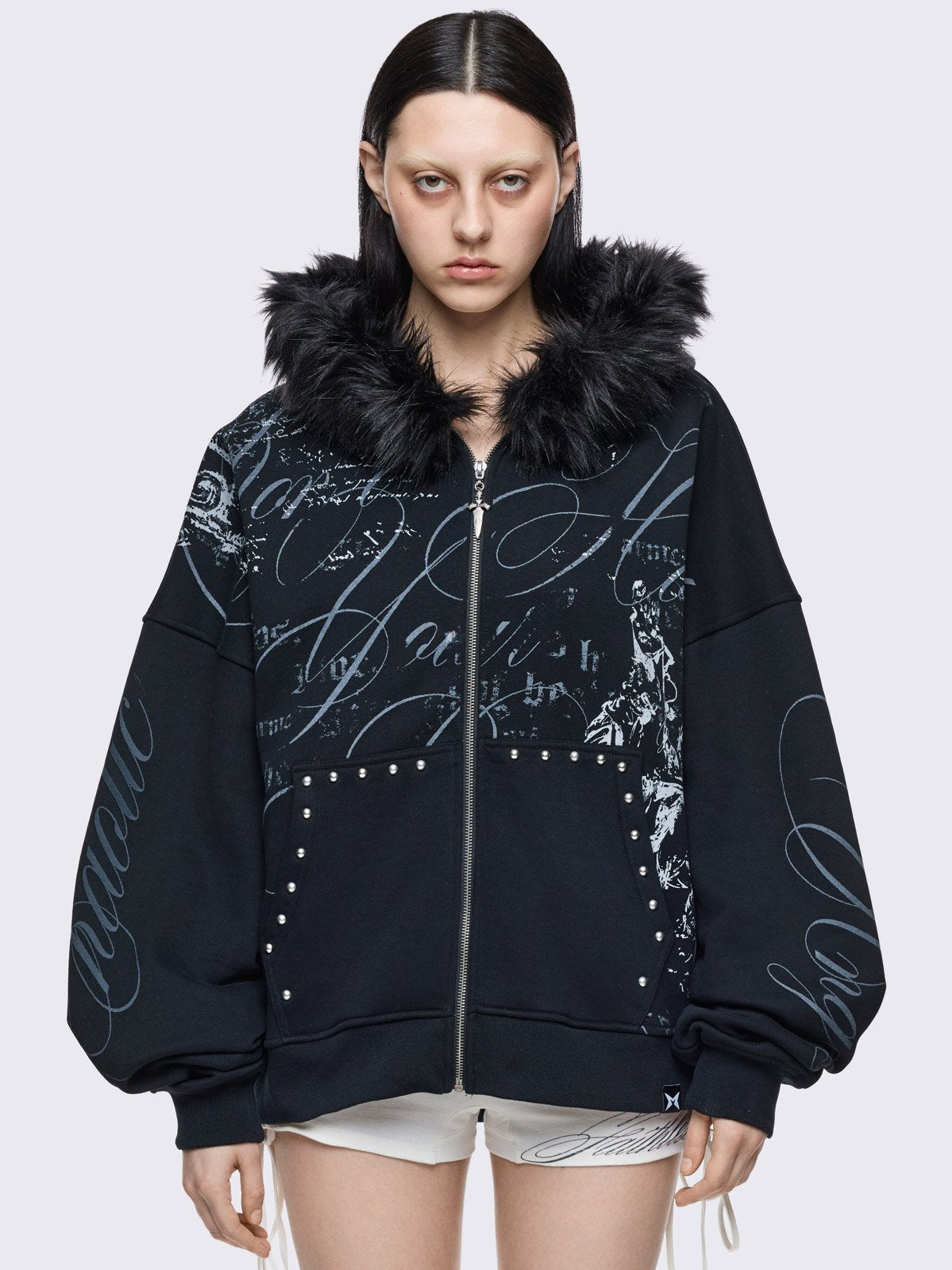 Black graphic zip up hoodie with faux fur and grunge graphic print and stud details.. 