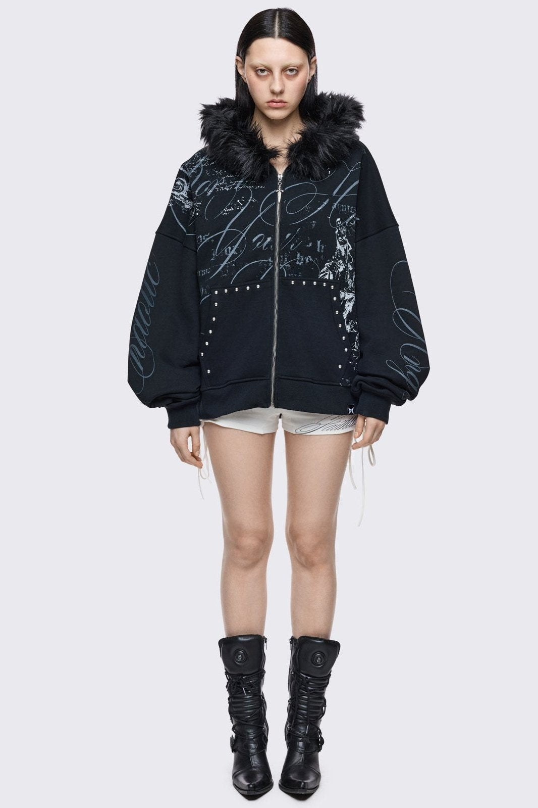 Black Furry Graphic Zip Up Hoodie | Minga London – Minga London US