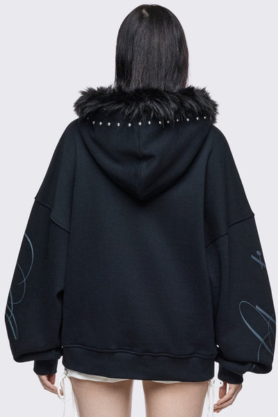 Lumignon Big Fur knit hoodie + ヘアクリップ Black Furry Graphic Zip Up Hoodie | Minga London