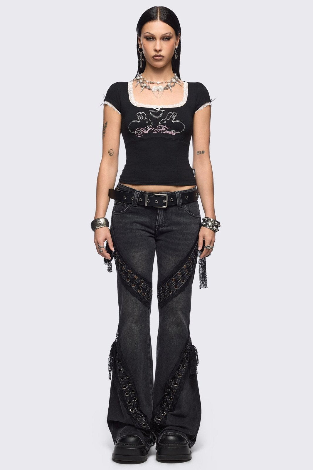 Black Washed Lace-Up Flared Jeans | Minga London – Minga London US