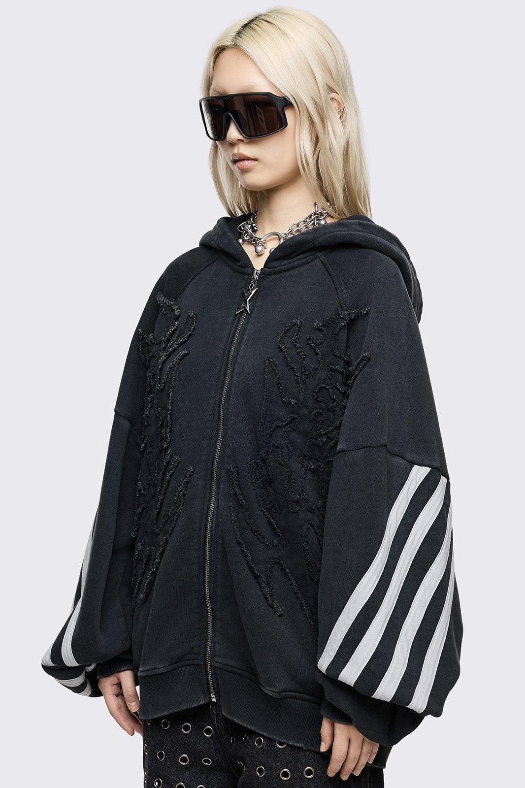 Black Washed Zip Up Hoodie with White Stripes | Minga London