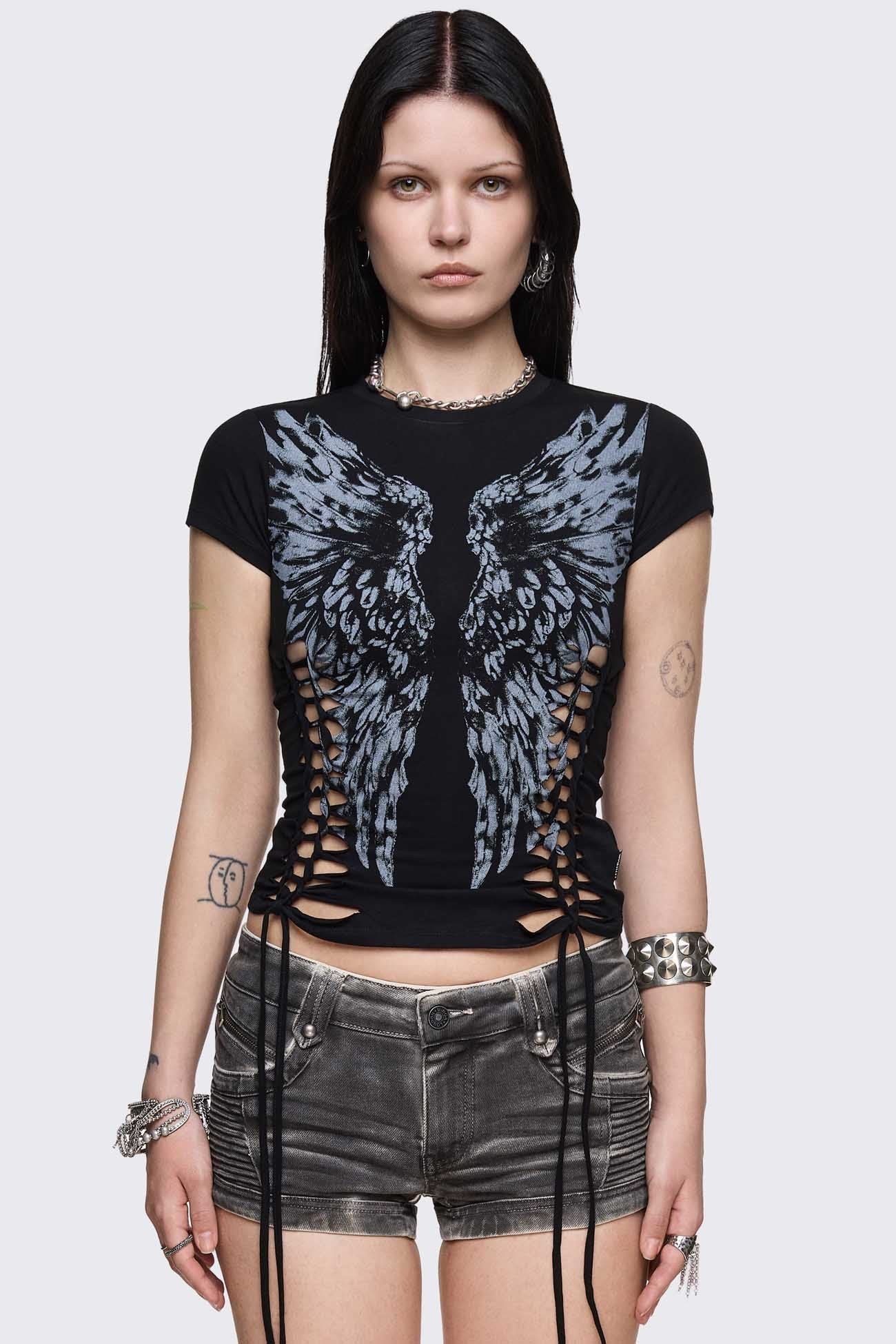 Black cotton baby tee with gray wing print and slitweave sides, slim-fit grunge style.