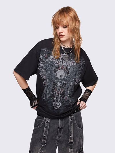 Black graphic t-shirt with "Dystopia" winged skull graphic front print. Relaxed oversize fit style.