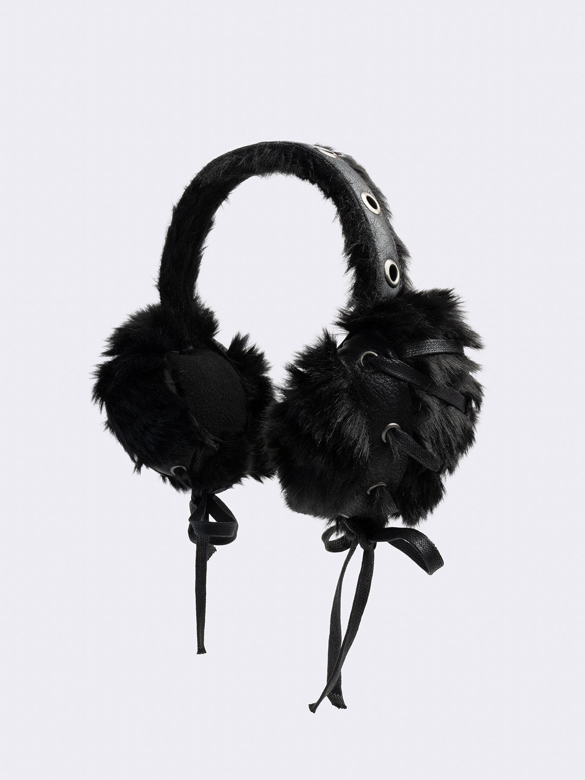 Black faux fur earmuffs and silver eyelet and lace up details.