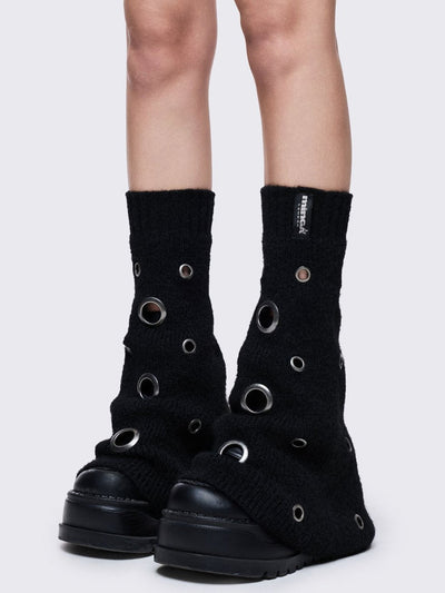 Black knitted flare leg warmers with chunky silver eyelets