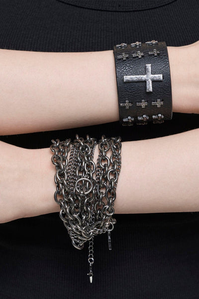Black Faux Leather Bracelet Set with Crosses and Chains | Minga