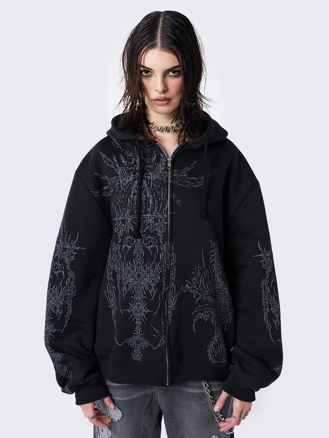 Black longline shops zip through hoodie