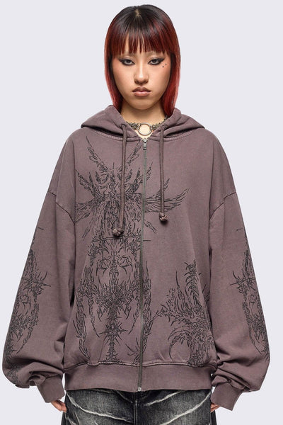 Brown Wash Oversized Zip Up Hoodie with Abstract Print | Minga