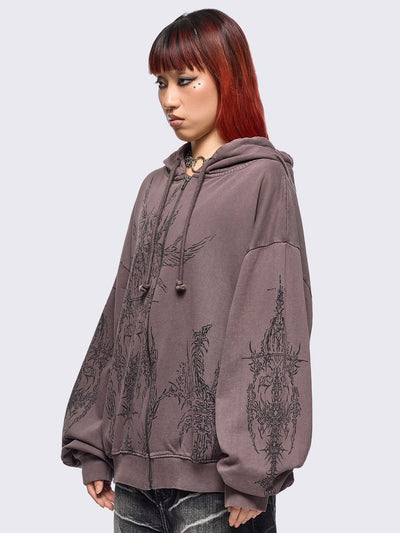 Washed brown zip-up hoodie jacket with grunge graphic prints on the front and sleeves.