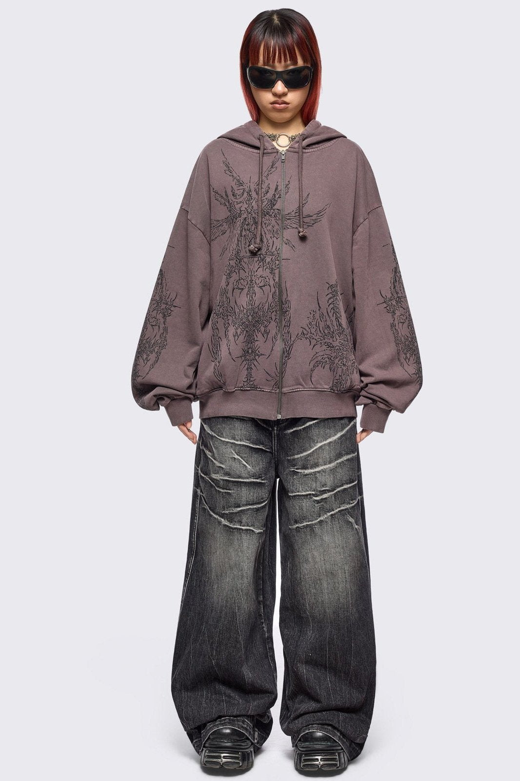 Brown Wash Oversized Zip Up Hoodie with Abstract Print | Minga