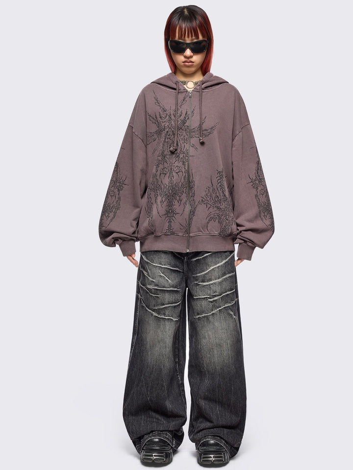 Brown Wash Oversized Zip Up Hoodie with Abstract Print | Minga