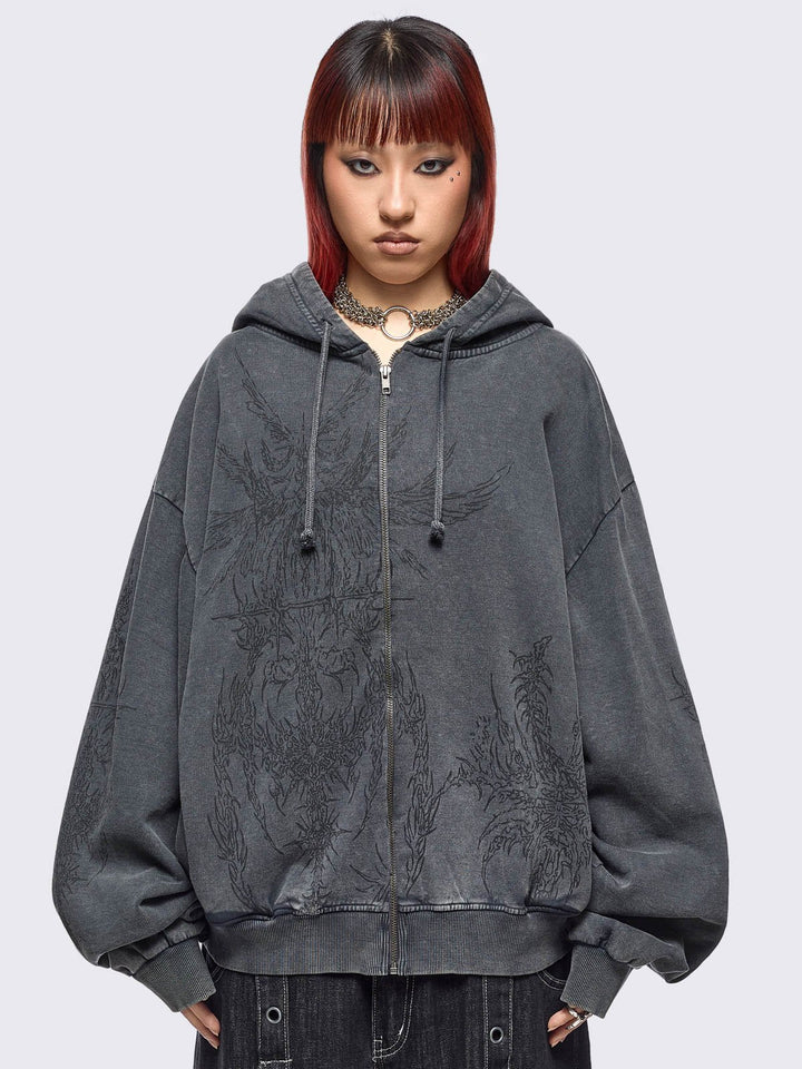 Grey Wash Oversized Zip Up Hoodie with Abstract Print - Grunge