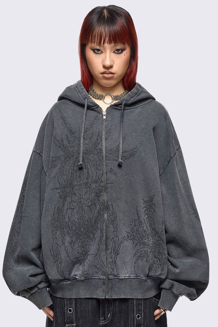 トップス jimwag Stitch line hoodie GRAY Grey Wash Oversized Zip Up Hoodie with Abstract Print - Grunge