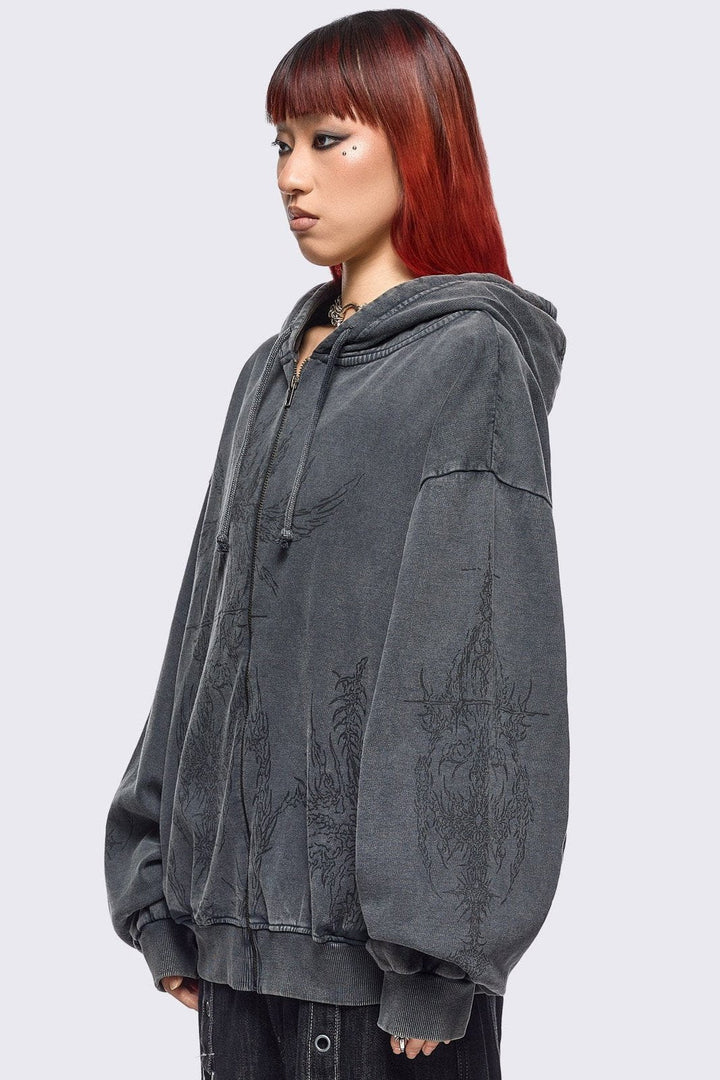 Grey Wash Oversized Zip Up Hoodie with Abstract Print - Grunge
