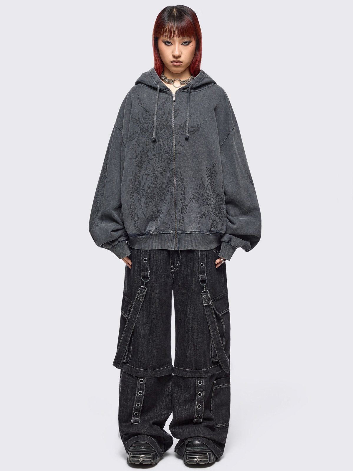 Grey wash oversized zip up hoodie with abstract print