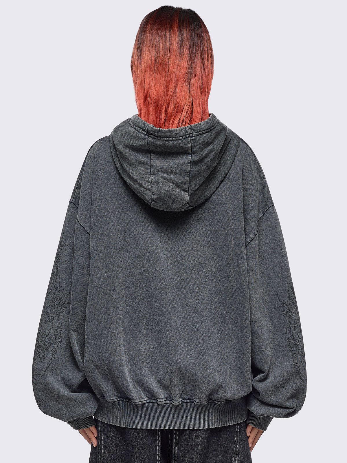 Grey wash oversized zip up hoodie with abstract print