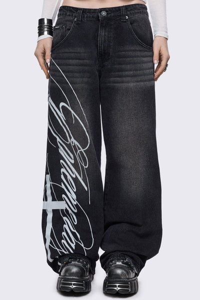 Black Graphic Baggy Jeans | Minga London