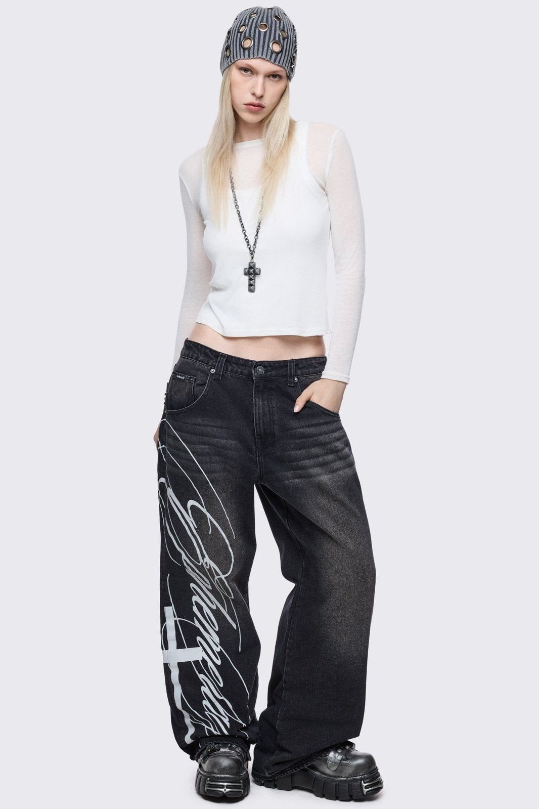 Black Graphic Baggy Jeans | Minga London