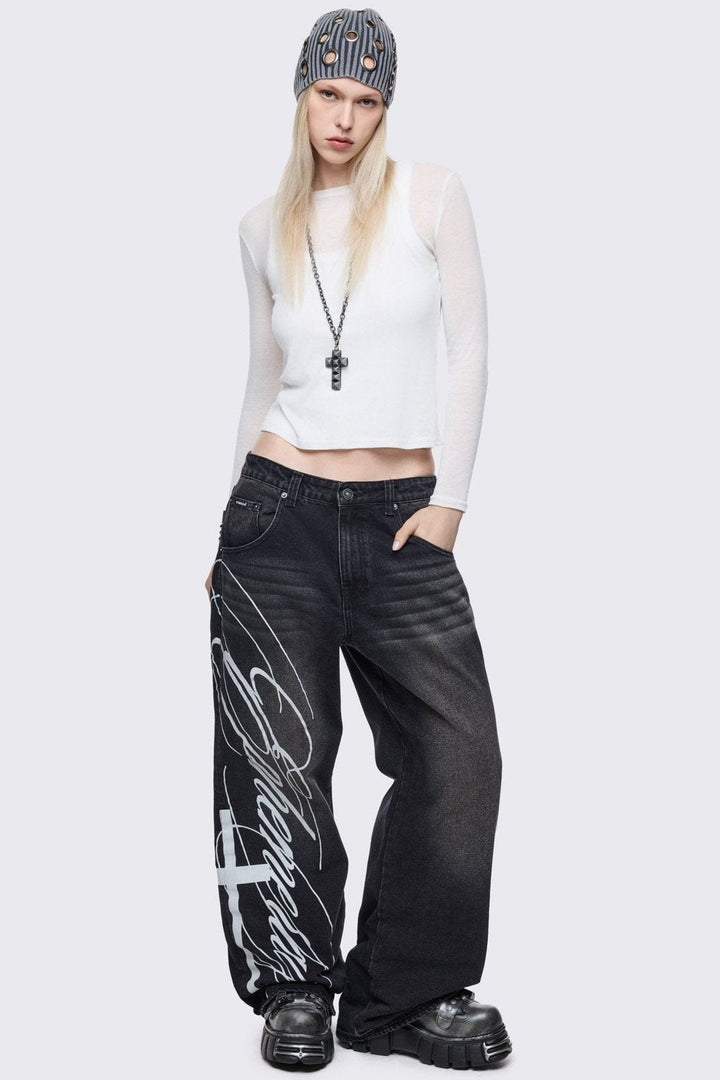 Black Graphic Baggy Jeans | Minga London