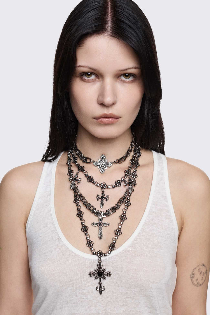 Layered Cross Necklace in Antique Silver | Minga London
