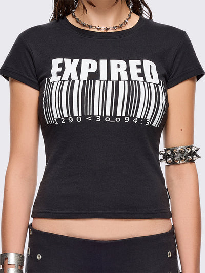 Black graphic baby tee with "expired" barcode graphic print in white.
