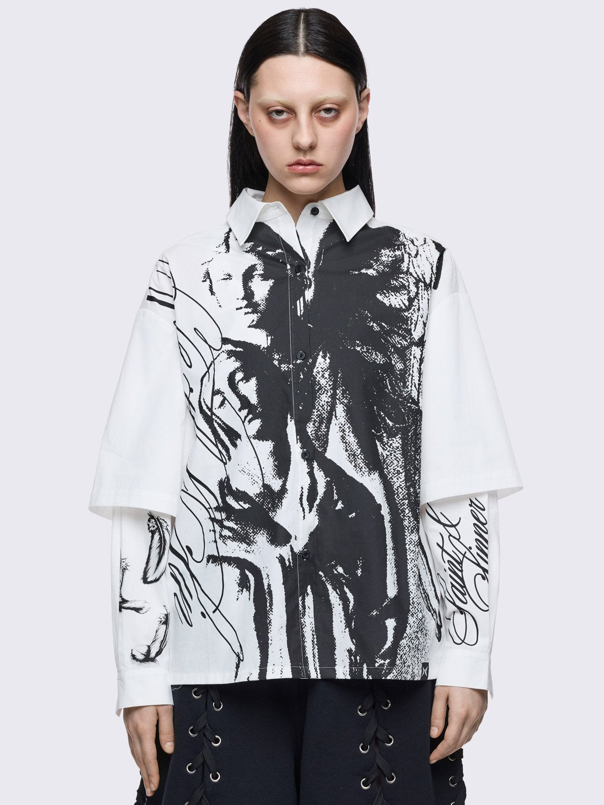 White layered oversized shirt with black faith & sinner graphic print