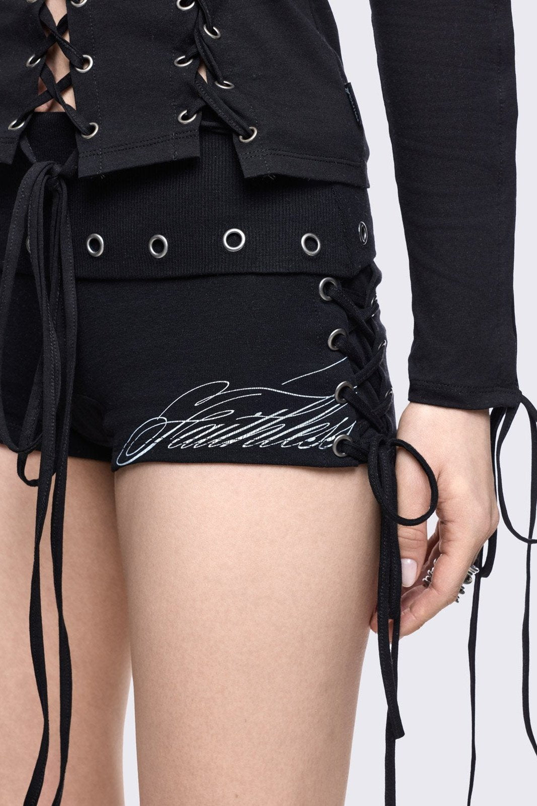Black Lace-Up Sweat Hot Pants | Minga London