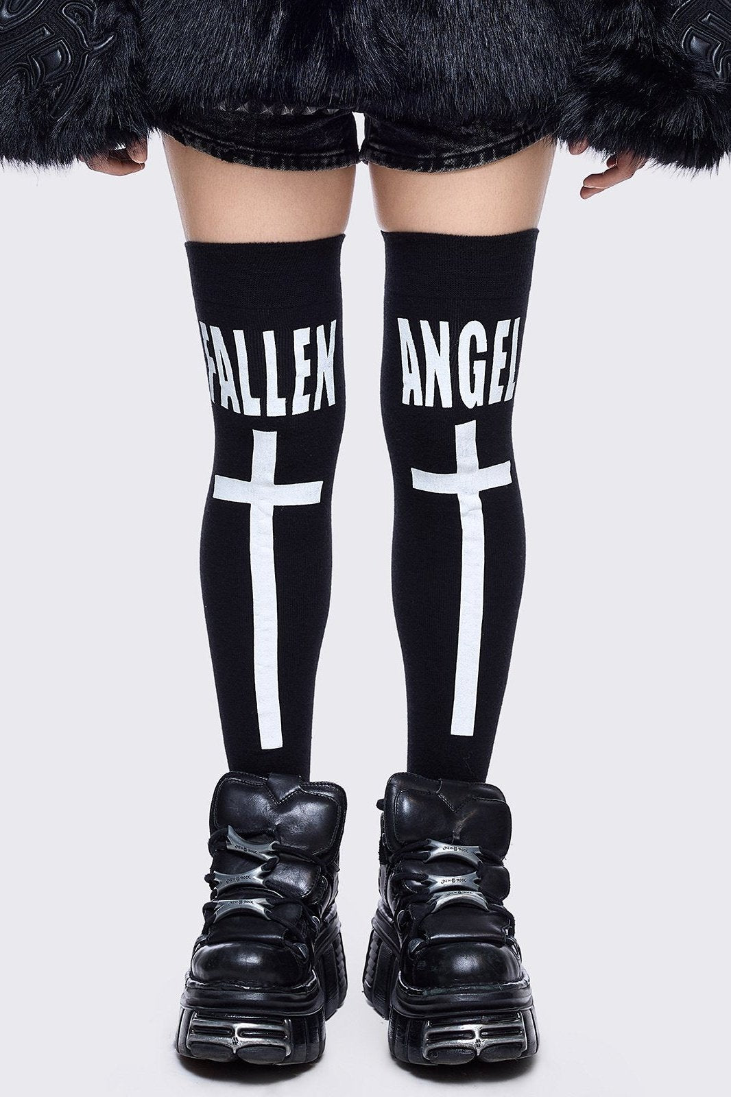 Black opaque thigh highs socks with "fallen angel" cross graphic design 
