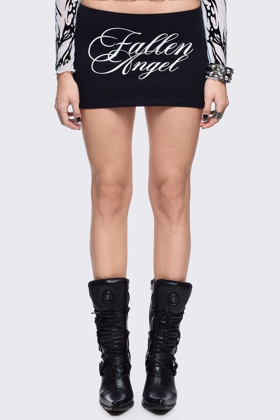 Black micro skirt with "Fallen angel" and wings print
