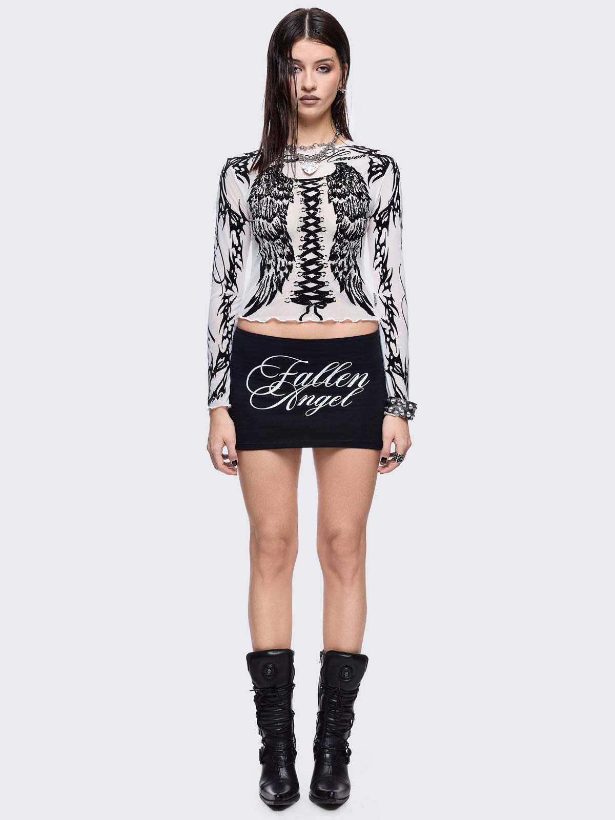 Black micro skirt with "Fallen angel" and wings print
